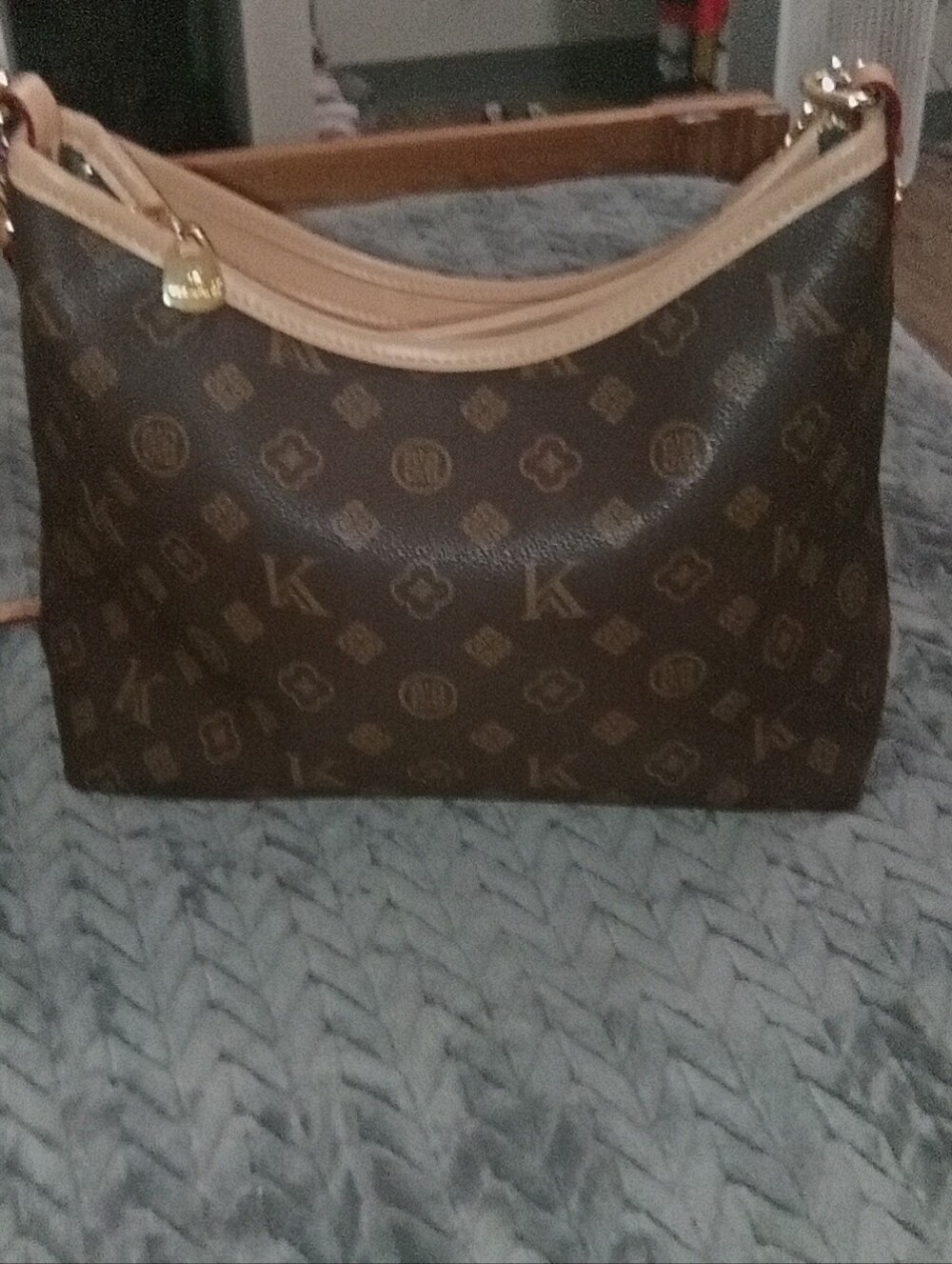 Brown Patterned Shoulder Bag with Tan Trim